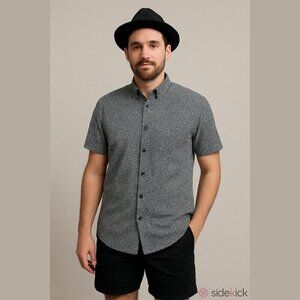 Frank & Oak Men's Size Large Black White Print Short Sleeve Button Down Shirt